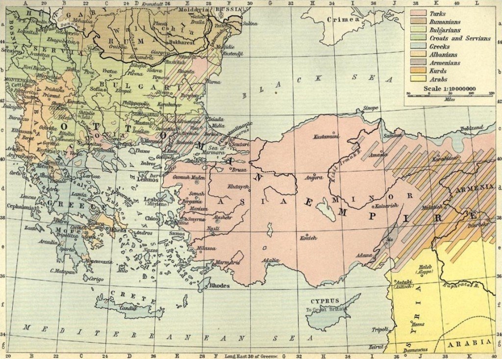 "Ethnic groups in the Balkans and Asia Minor as of early 20th Century" by William Robert Shepherd, public domain. Ethnicturkey1911